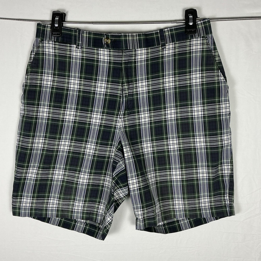 Peter Millar Mens Plaid Golf Shorts Size 38 Green Blue Cotton Flat Front Casual